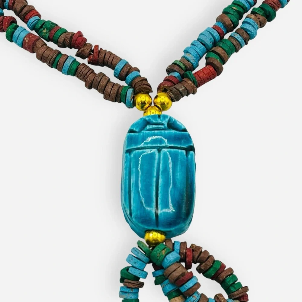 Vintage Egyptian Revival Scarab Necklace Carved Beetle Turquoise‎ Faience Magnet